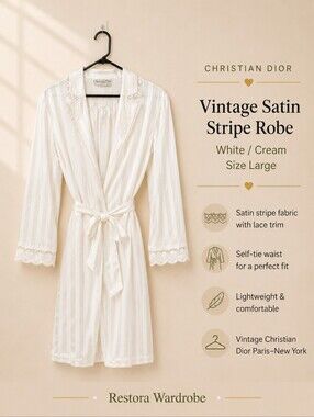 Vintage Christian Dior Robe Women’s L White Satin Stripe Lace Trim Belted